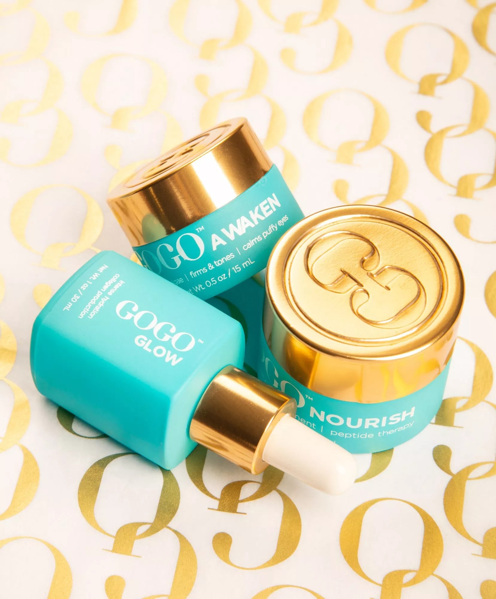 GoGo skincare product lineup on a patterned campaign background