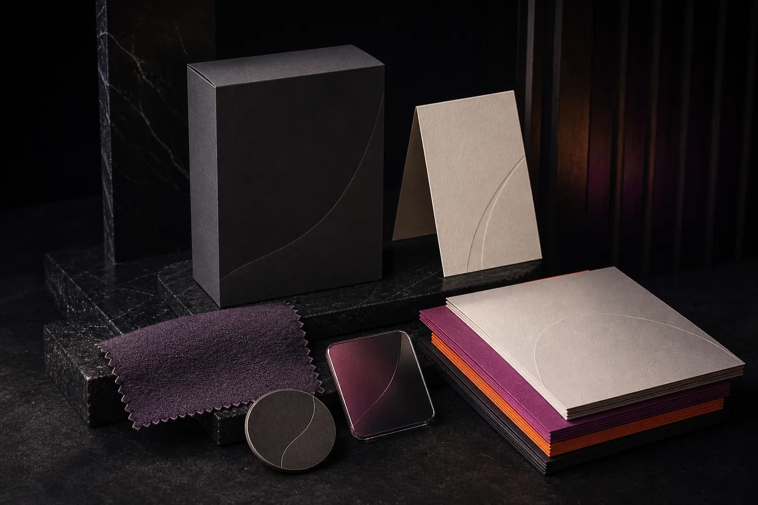 Blank packaging, paper, fabric, and glass arranged as a modular brand system