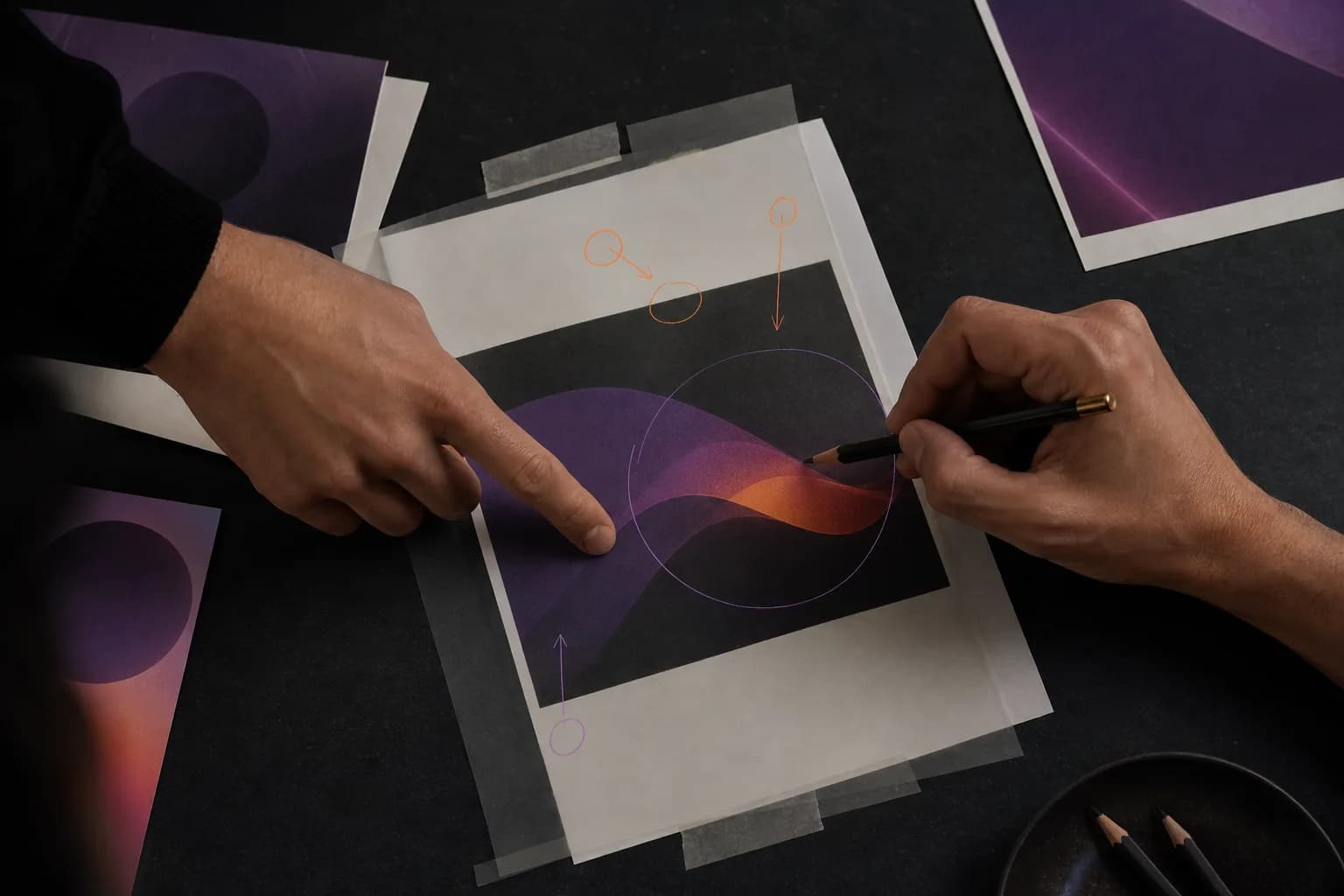 Two hands reviewing an abstract print with a pencil and translucent annotations