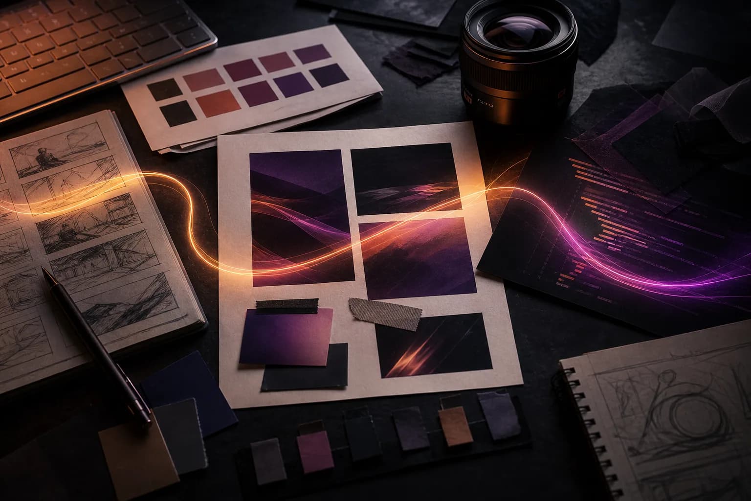 Creative tools and sketches connected across a dark studio table by flowing light