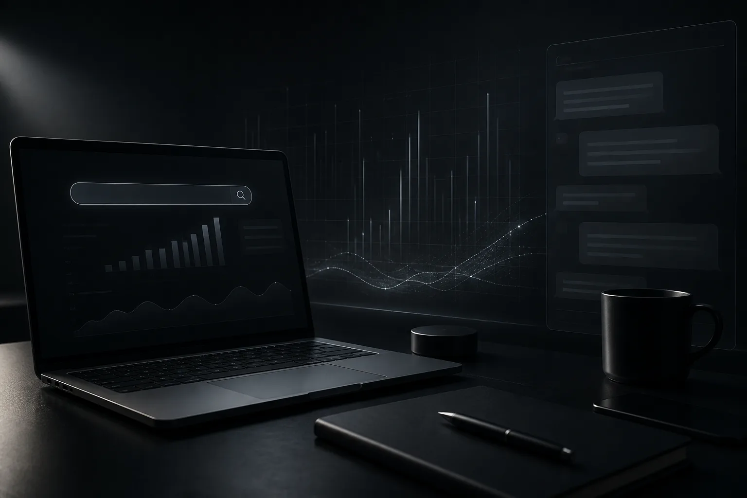 Dark studio desk with faint search and analytics light, no readable interface text