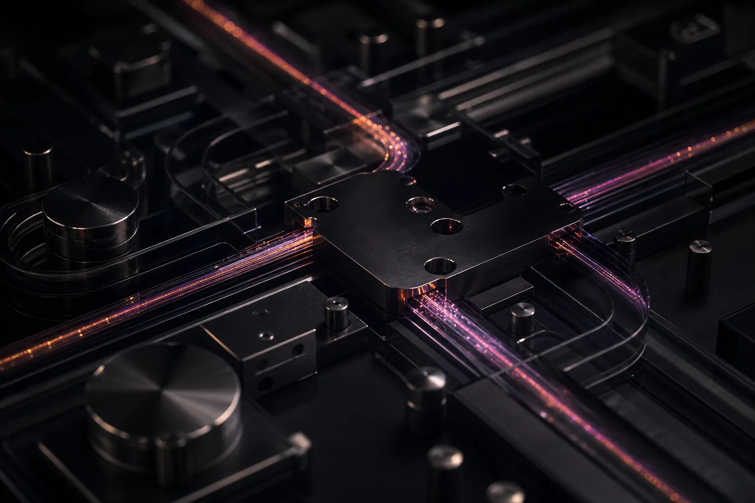 Precision black glass and metal channels carrying purple and orange light