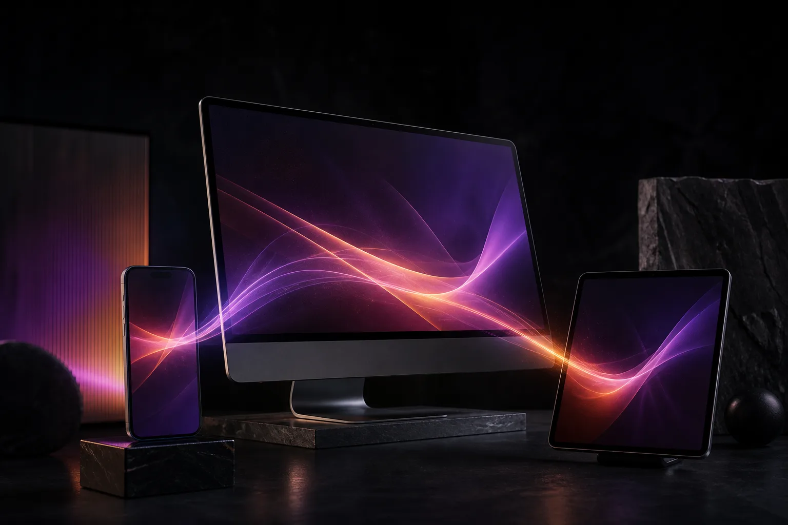 Desktop monitor, smartphone, and tablet connected by flowing purple and orange light