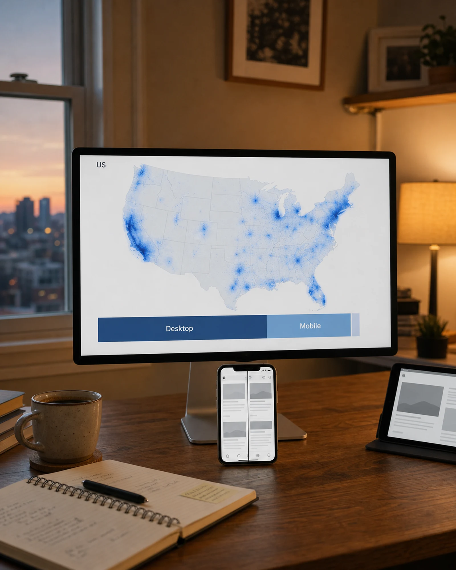 Desktop monitor showing a U.S. traffic map and device-share chart, with a smartphone and tablet on an oak desk at dusk