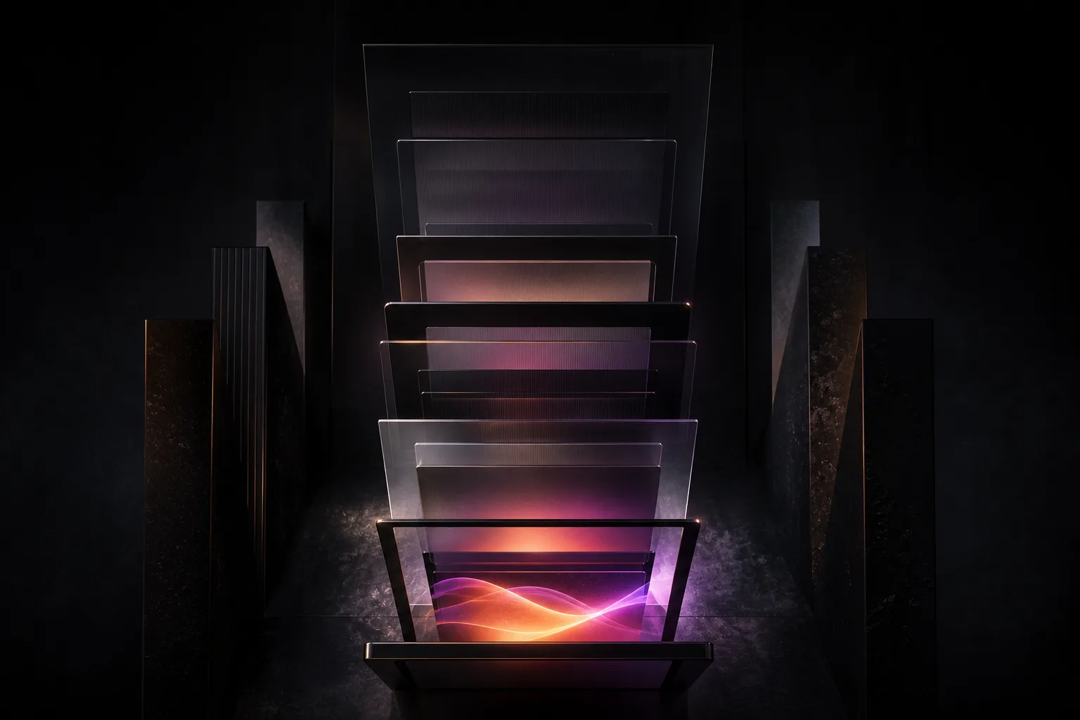 Layers of dark glass panels descending toward purple and orange light