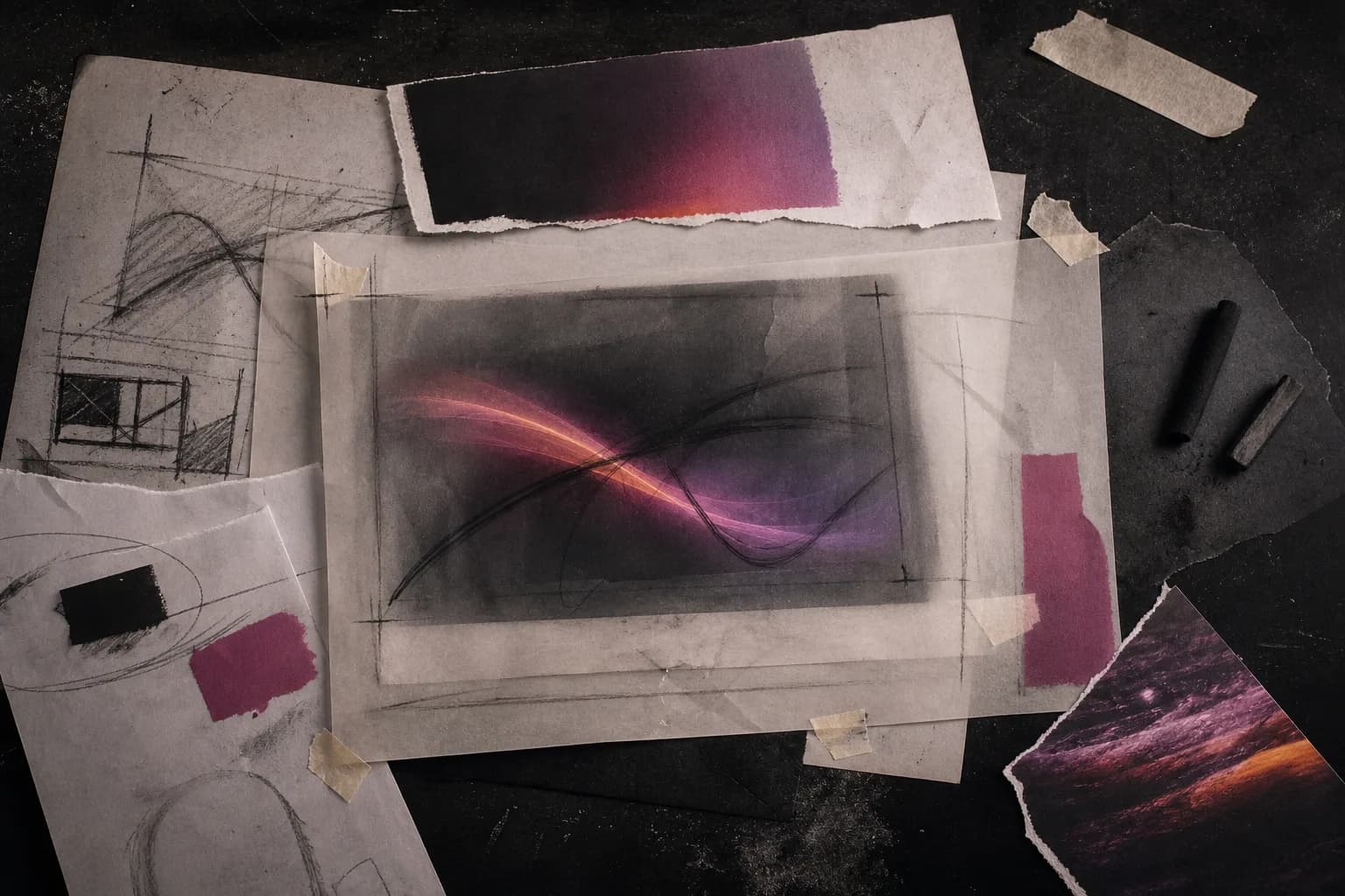 Layered tracing paper, charcoal sketches, torn prints, and tape on a dark work surface