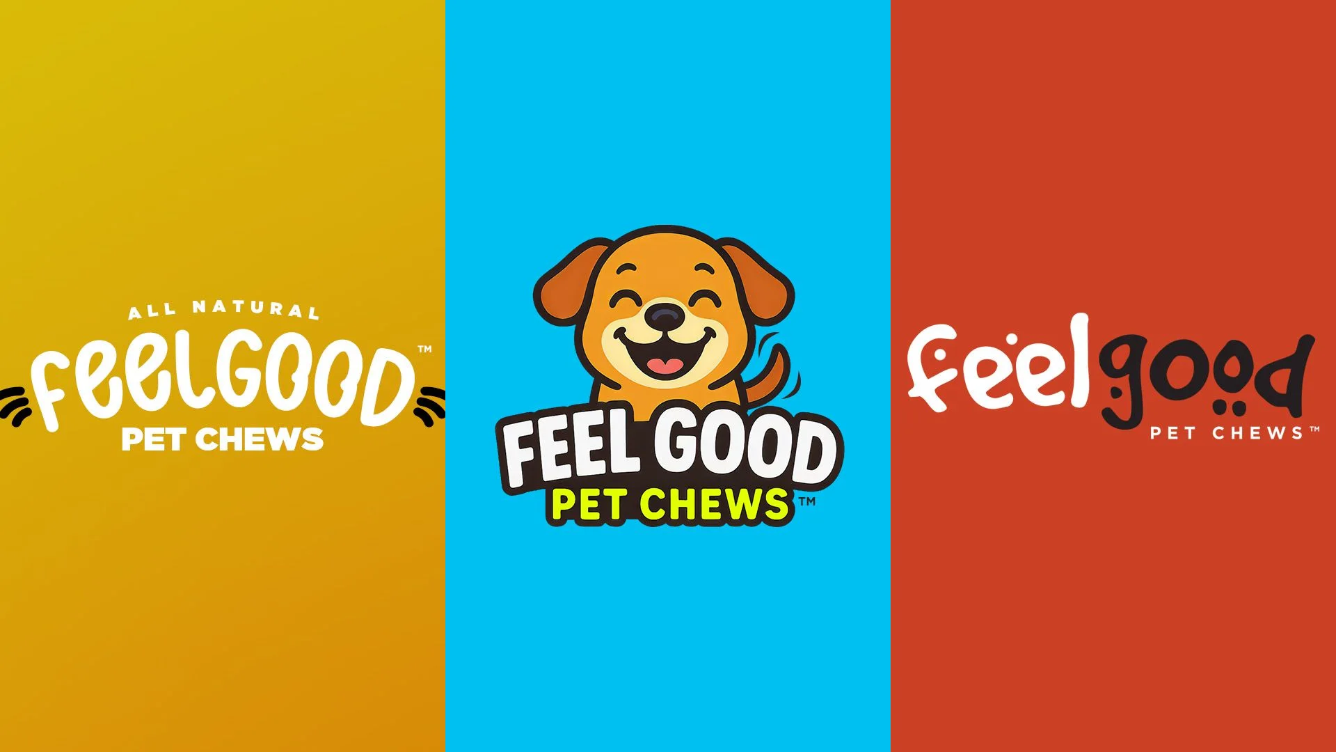 Three Feel Good Pet Chews logo directions shown side by side from early brand exploration