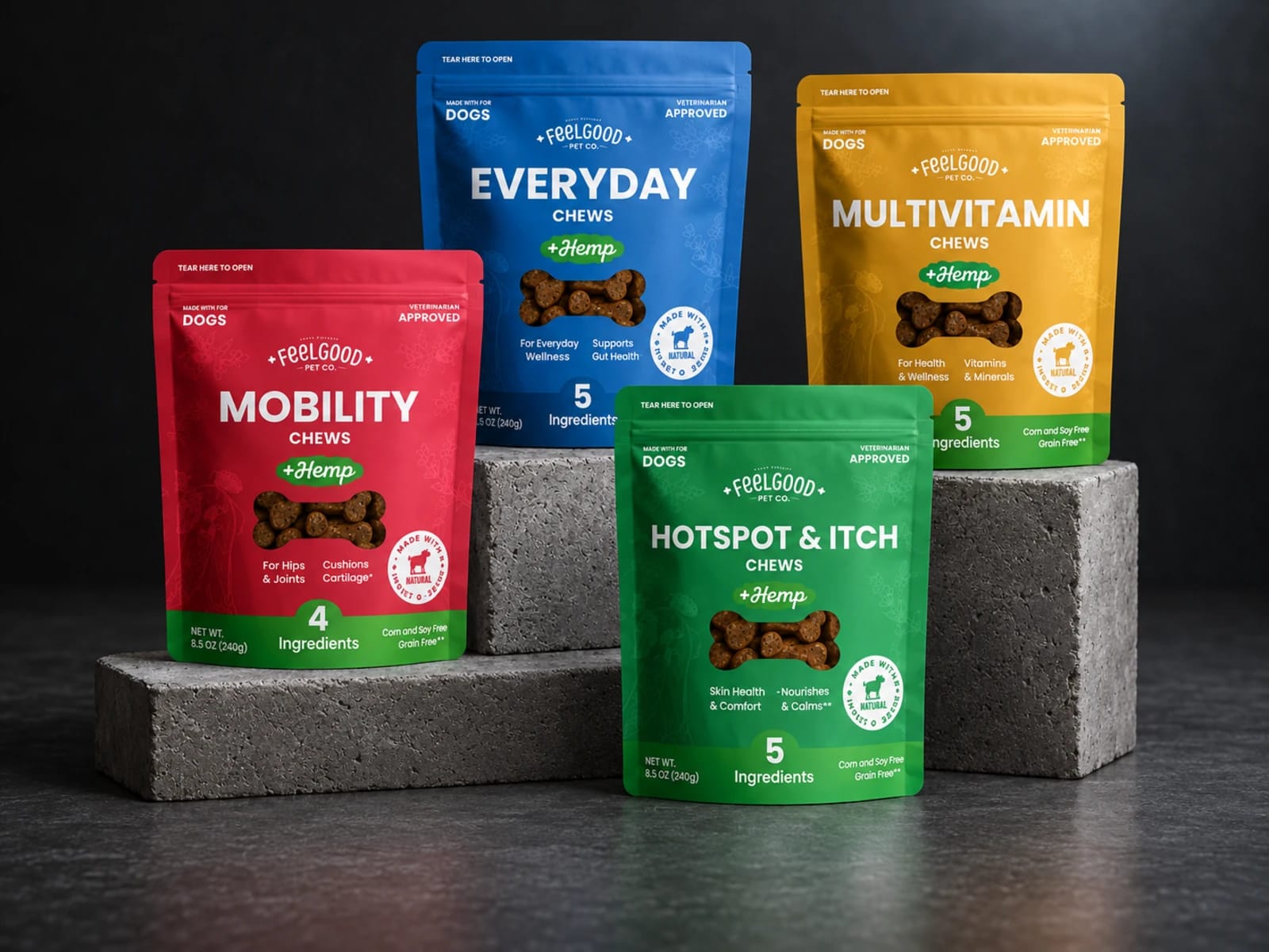 Feel Good Pet Co. Everyday, Mobility, Multivitamin, and Hotspot & Itch packaging on concrete blocks