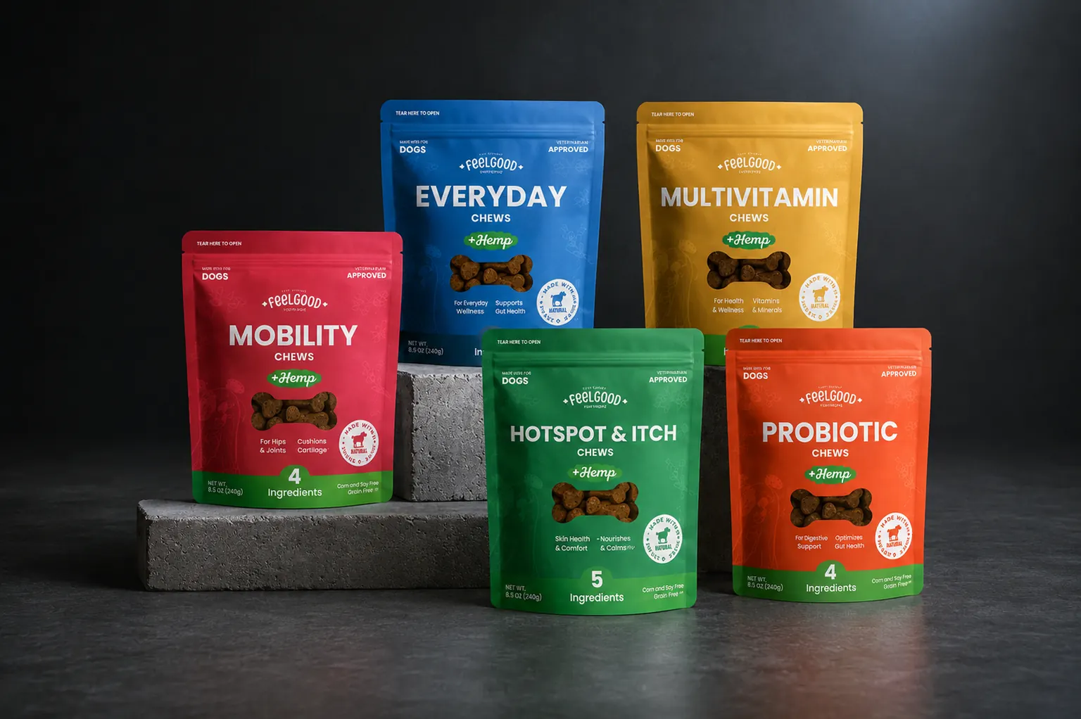 Feel Good Pet Co. chew packaging arranged on concrete blocks