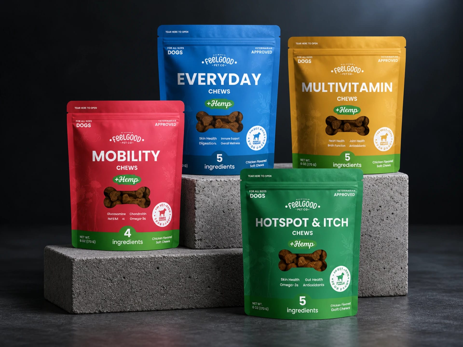 Feel Good Pet Co. Everyday, Mobility, Multivitamin, and Hotspot & Itch packaging on concrete blocks