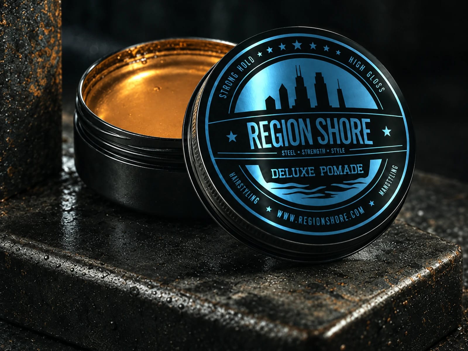 Region Shore Deluxe Pomade tin and lid on a dark industrial surface