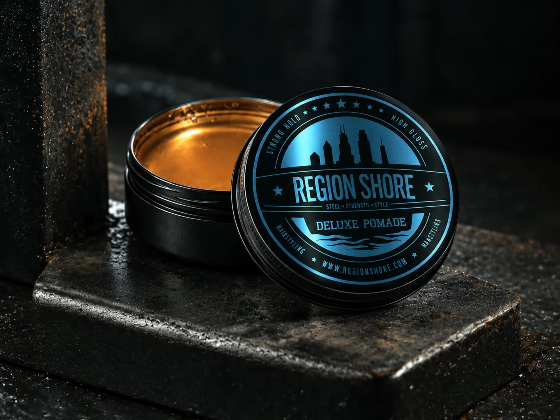 Region Shore Deluxe Pomade tin and lid on a dark industrial surface
