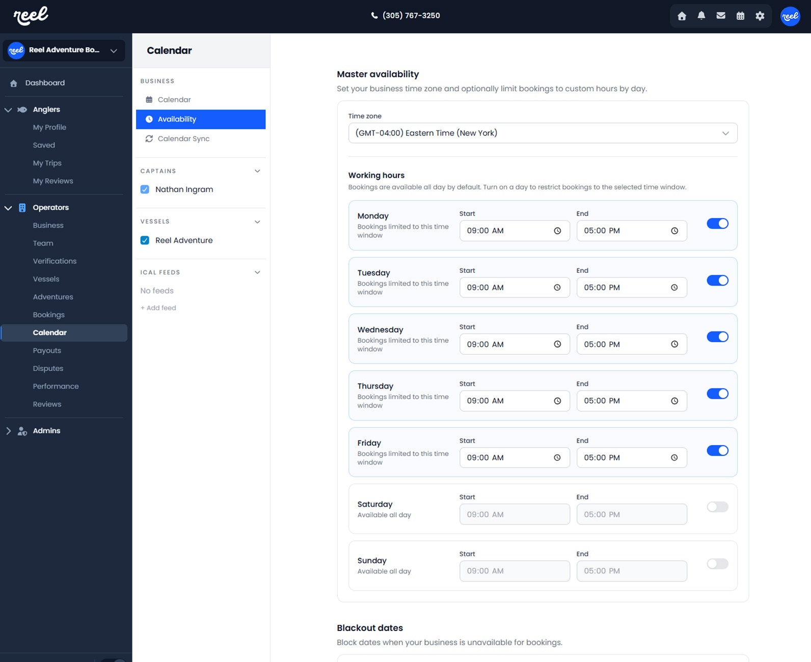 Reel Adventure Booking master availability dashboard for operators.