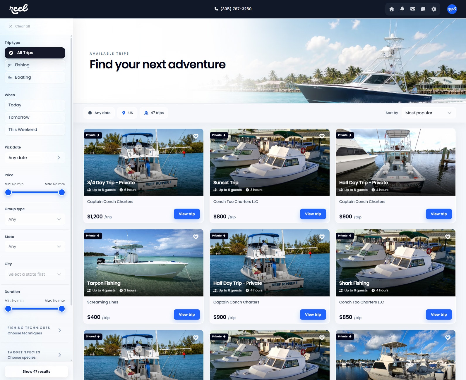 Reel Adventure Booking trip discovery with filters and live listings.