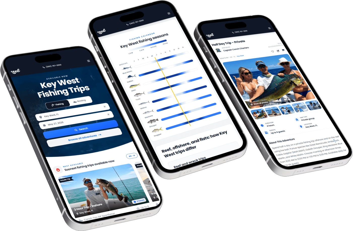 Reel Adventure Booking on three phones: trip search, fishing seasons calendar, and adventure details.