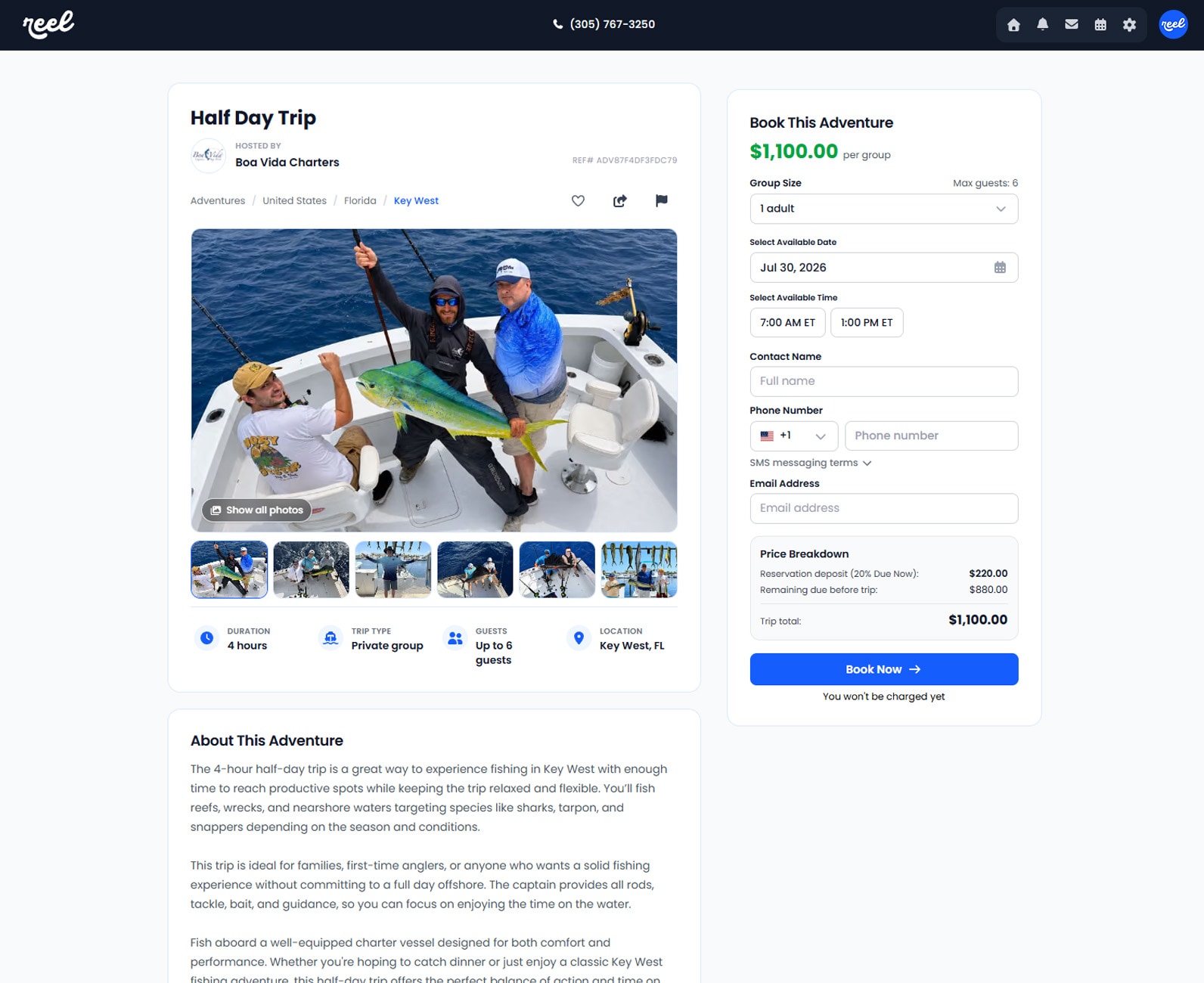 Reel Adventure Booking trip page with booking deposit and checkout.